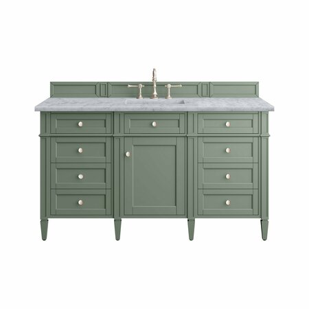 JAMES MARTIN VANITIES Brittany 60in Single Vanity, Smokey Celadon w/ 3 CM Carrara Marble Top 650-V60S-SC-3CAR